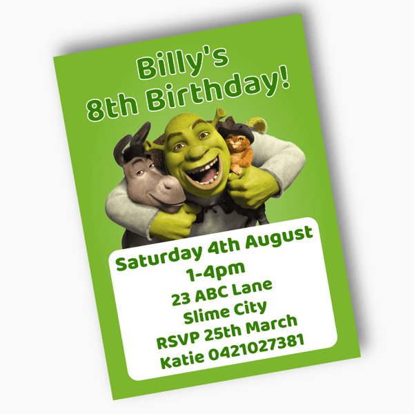 Personalised Shrek Birthday Party Printed Invitations - Katie J