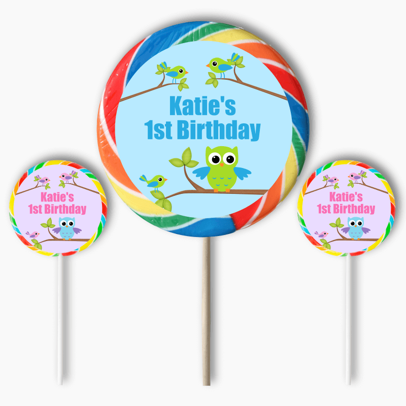 Personalised Birds & Owl Party Round Stickers