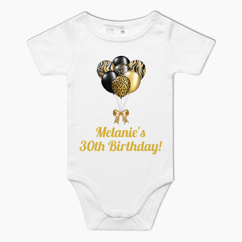 Personalised Black &amp; Gold Balloons Baby One-Piece Romper