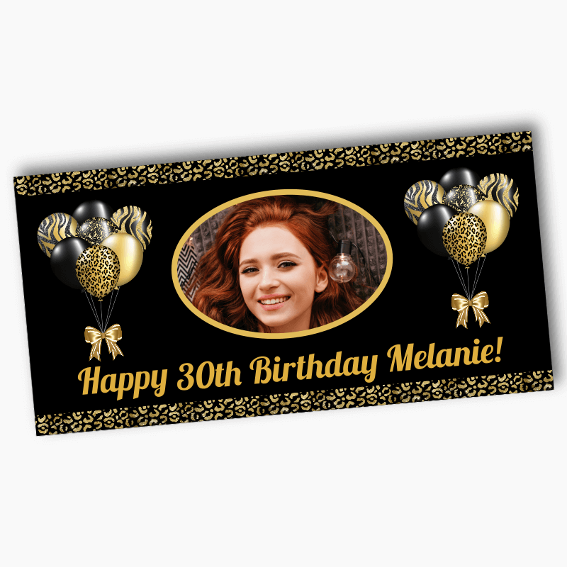Personalised Black &amp; Gold Balloons Party Banners with Photo