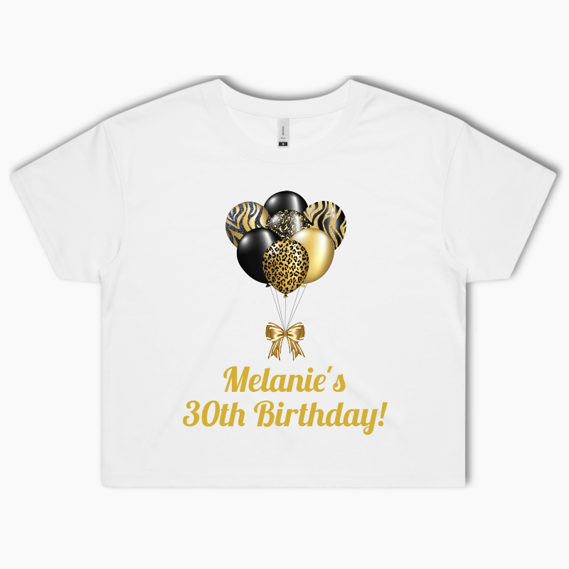Personalised Black &amp; Gold Balloons Party Crop Shirt
