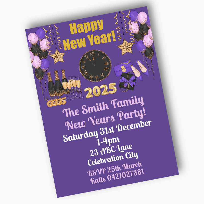 Purple, Black &amp; Gold New Years Party Invites