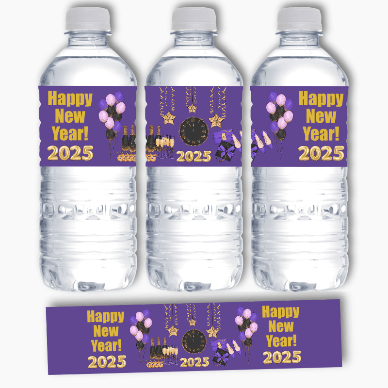 Purple, Black &amp; Gold New Years Party Water Labels