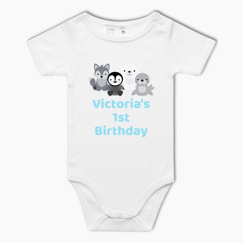 Personalised Blue Arctic Animals Baby One-Piece Romper