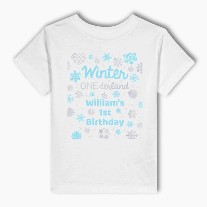 Personalised Blue Winter ONEderland Party Kids T-Shirt