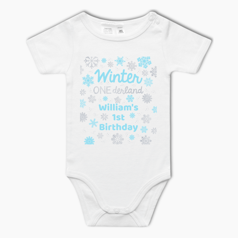 Personalised Blue Winter ONEderland Baby One-Piece Romper