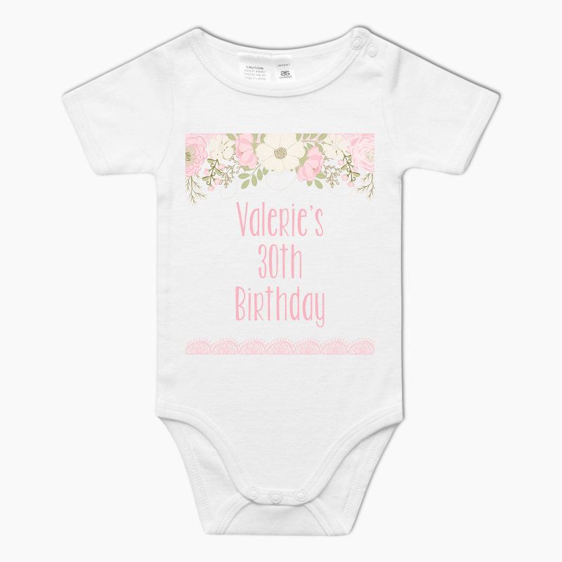 Personalised Boho Pink Floral &amp; Lace Party Baby One-Piece Romper
