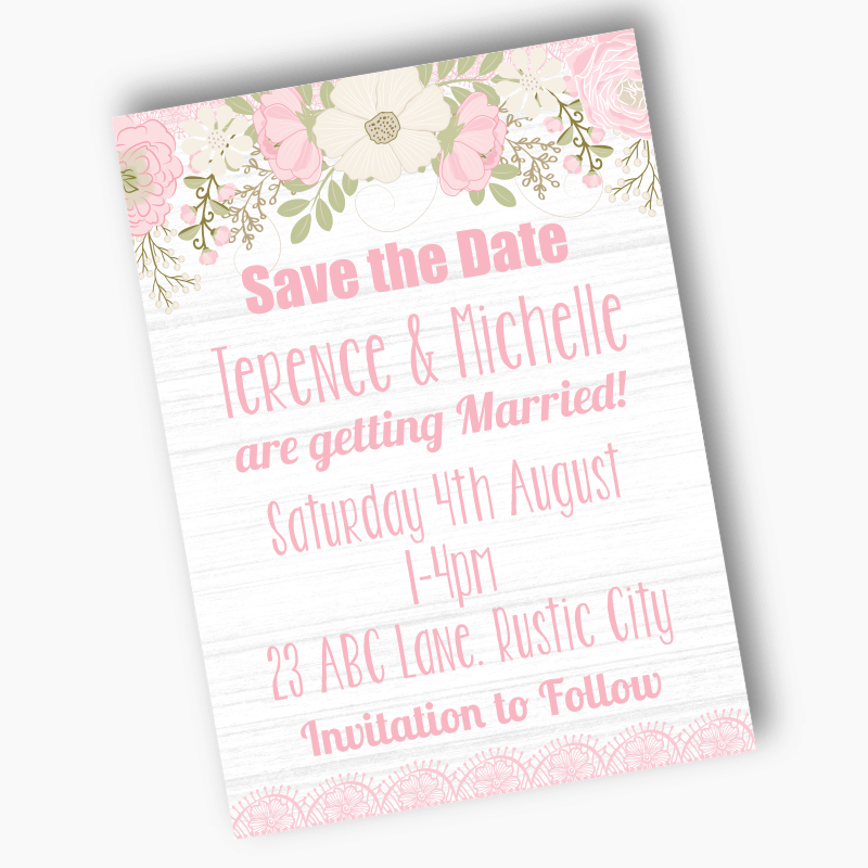 Personalised Boho Pink Floral &amp; Lace Wedding Save the Date Cards