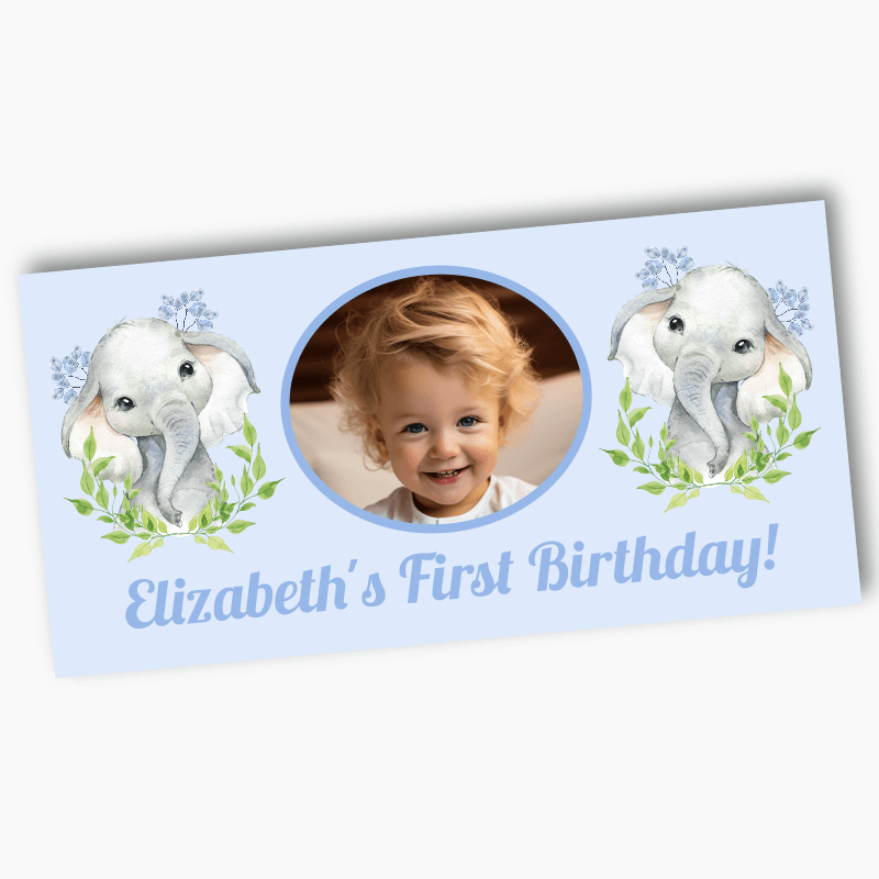 Personalised African Elephant Party Banners with Photo - Blue