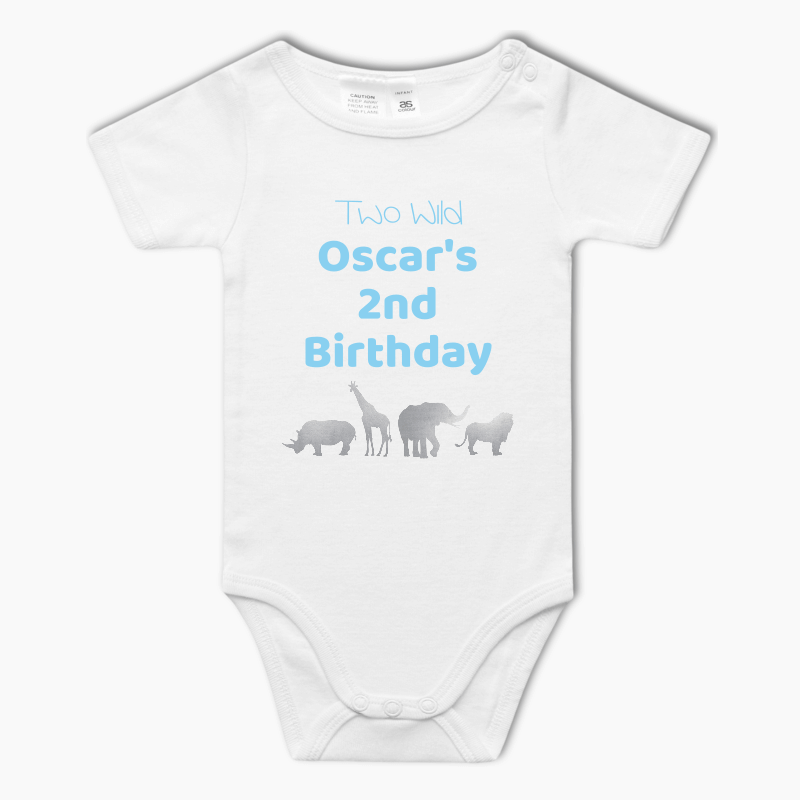 Personalised Blue &amp; Silver Safari Animals Baby One-Piece Romper