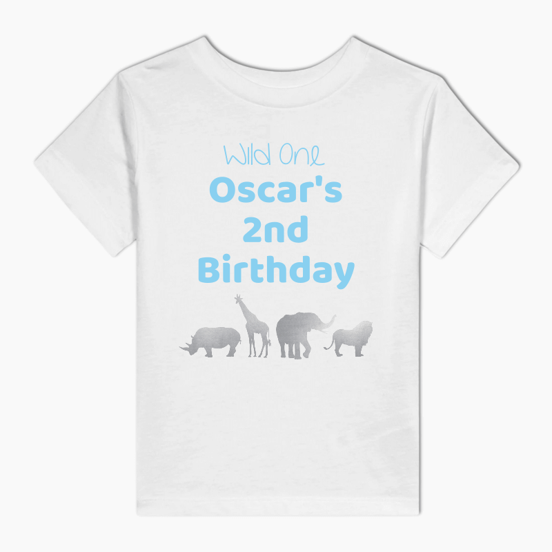 Personalised Blue &amp; Silver Safari Animals Party Kids T-Shirt