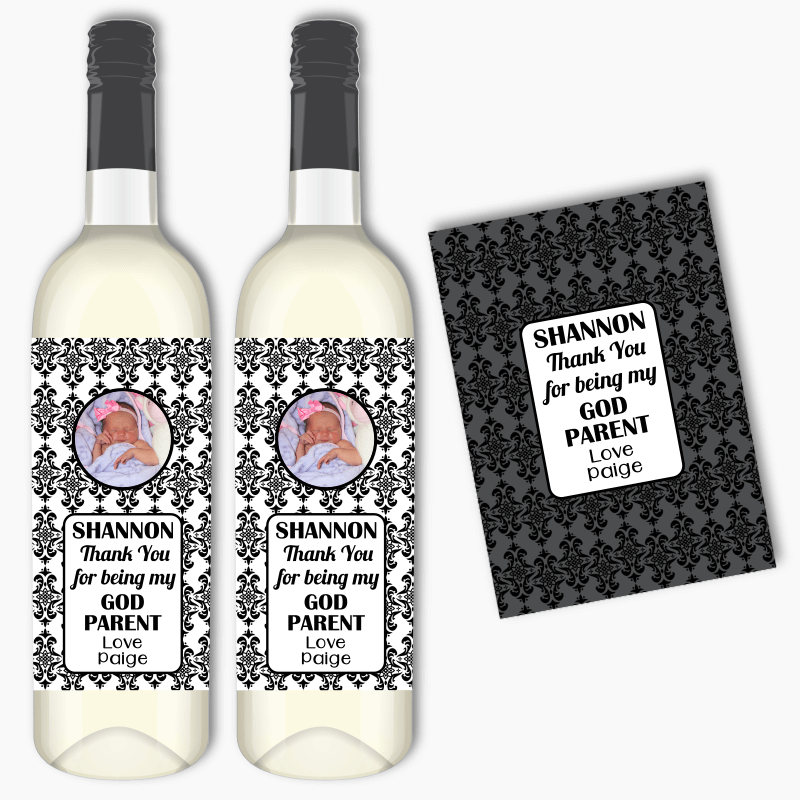 Elegant Damask Thank You Godparent Wine Labels