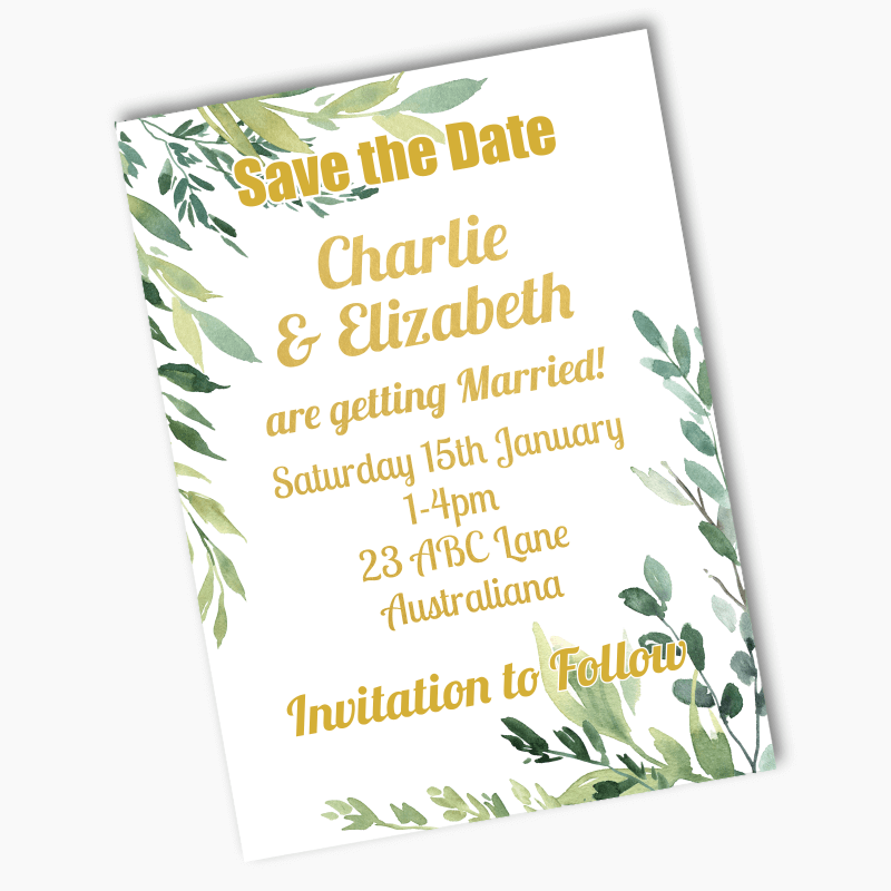 Personalised Eucalyptus Leaves Wedding Save the Date Cards