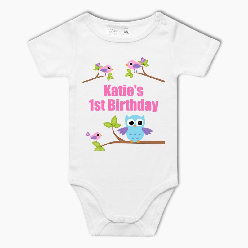 Personalised Birds &amp; Owl Baby One-Piece Romper - Girls