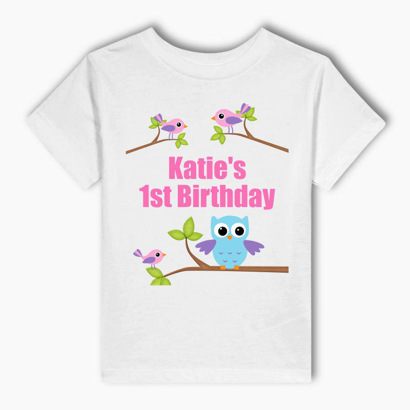 Personalised Birds &amp; Owl Party Kids T-Shirt - Girls