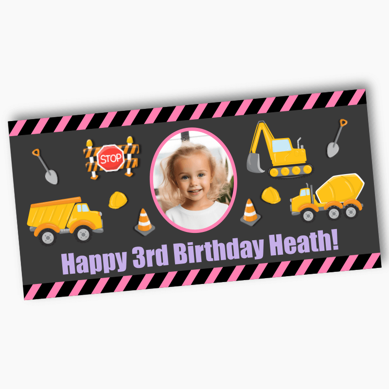 Personalised Girls Construction Party Banners with Photo