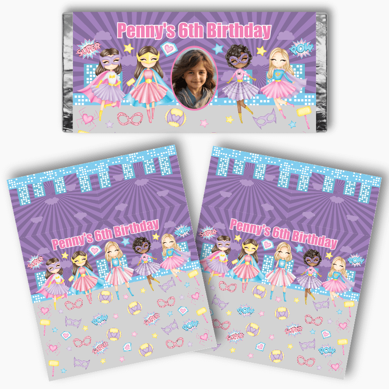 Personalised Girls Superheroes Mini Chocolate Labels with Photo!