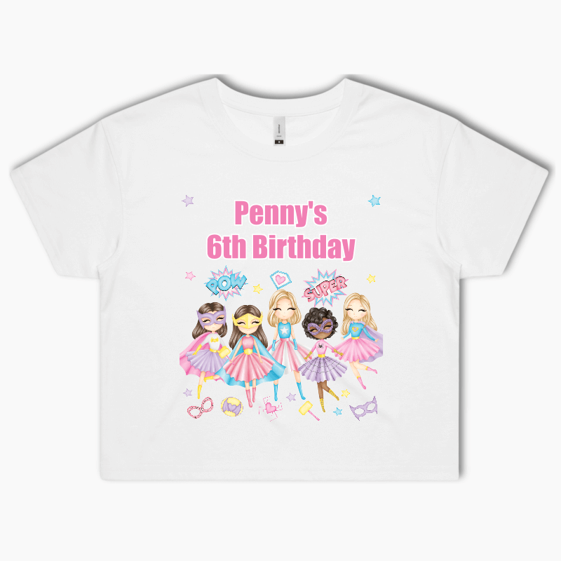 Personalised Girls Superheroes Party Crop Shirt