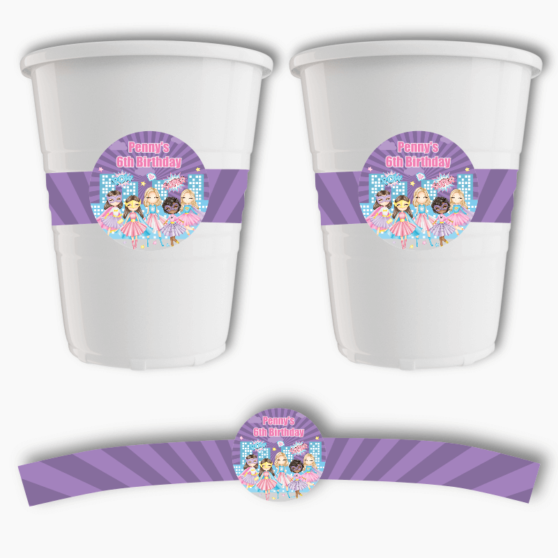 Personalised Girls Superheroes Party Cup Stickers