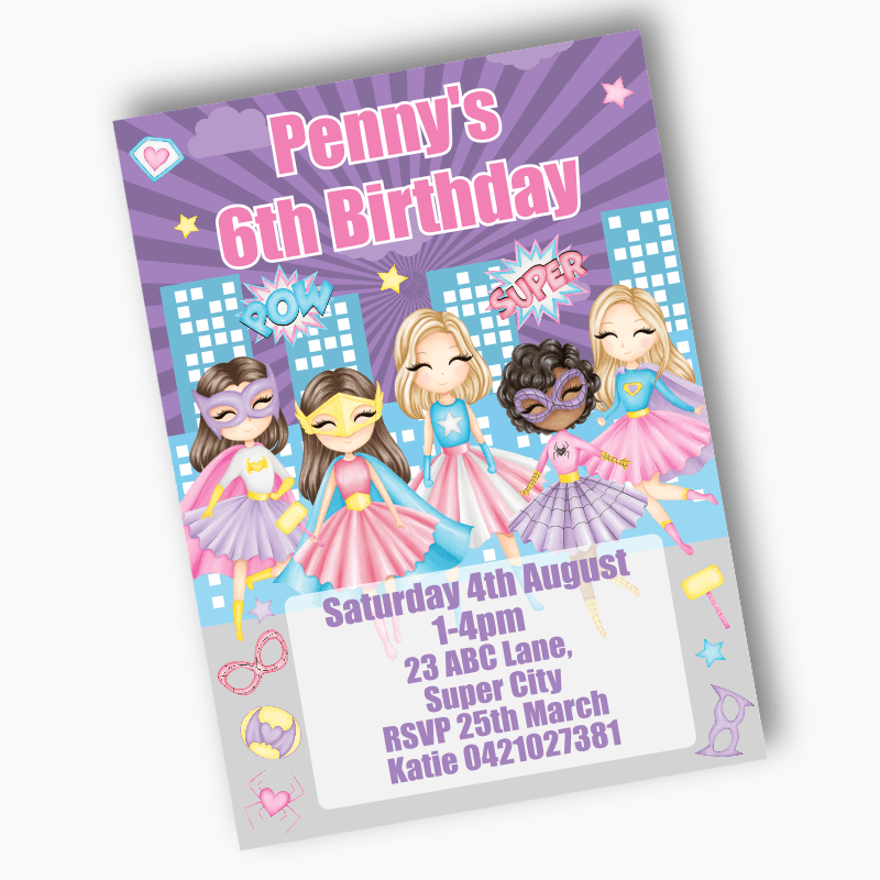 Personalised Girls Superheroes Party Invites