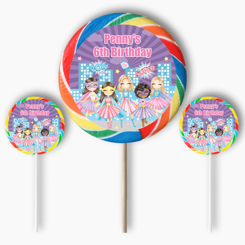 Personalised Girls Superheroes Party Round Stickers