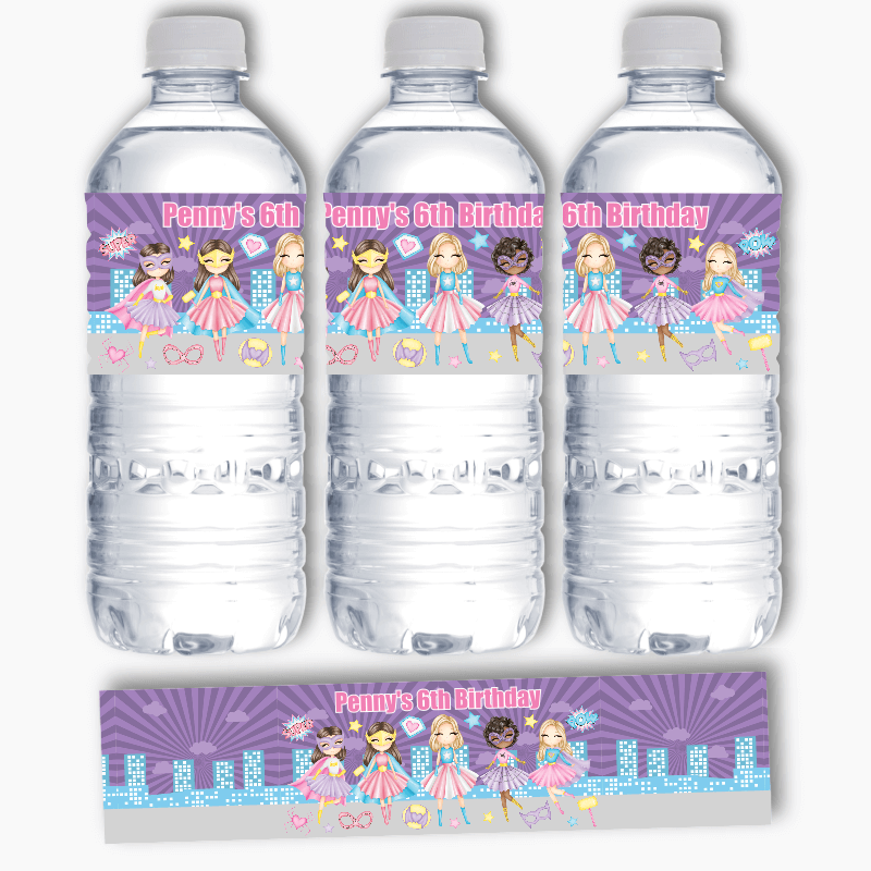 Personalised Girls Superheroes Party Water Labels