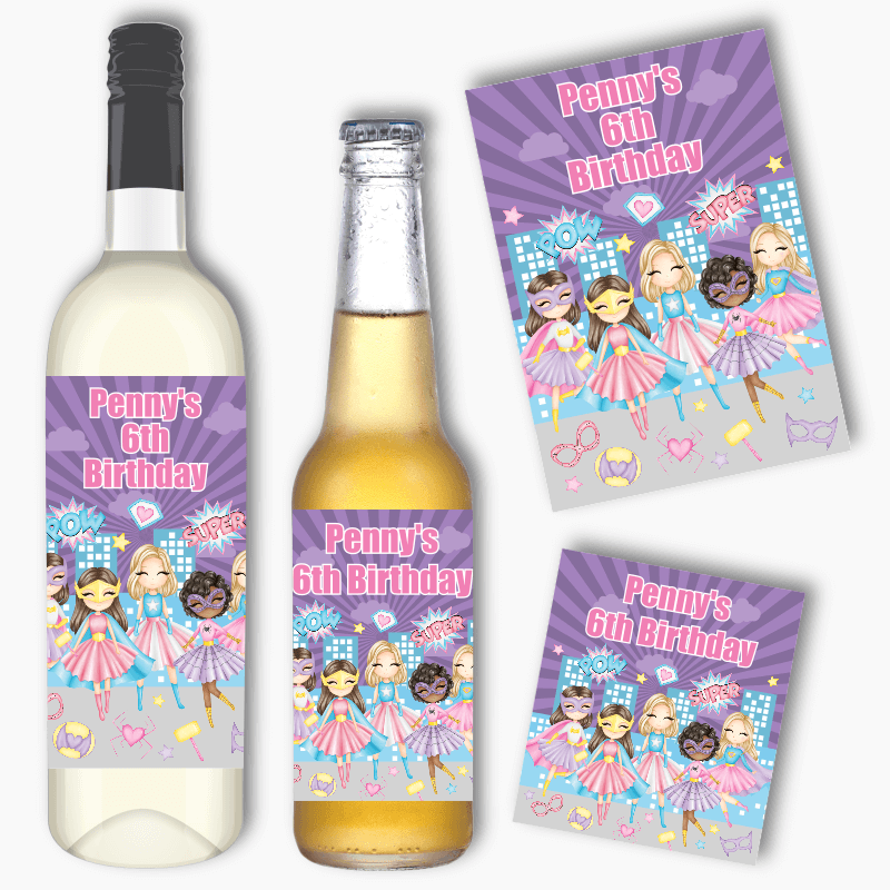 Personalised Girls Superheroes Wine &amp; Beer Labels