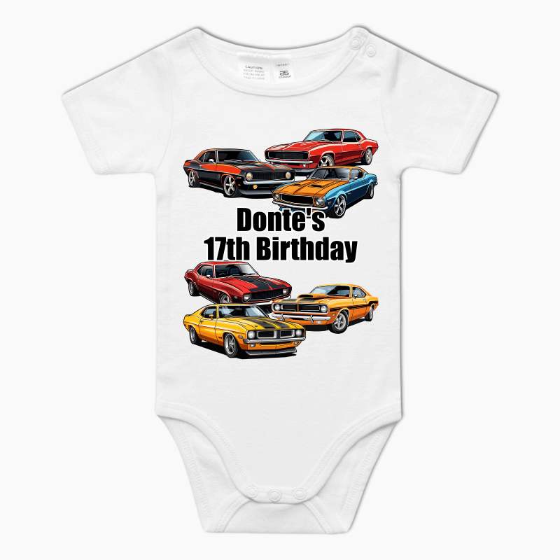 Personalised Muscle Cars Party Baby One-Piece Romper