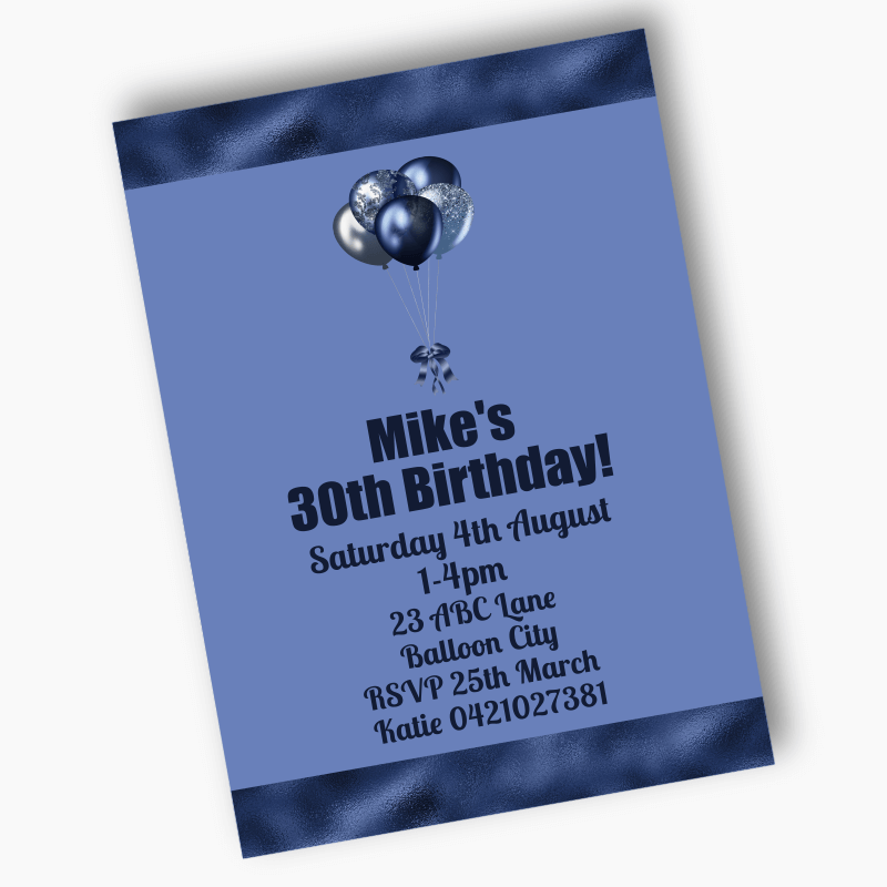 Personalised Navy Blue Balloons Party Invites