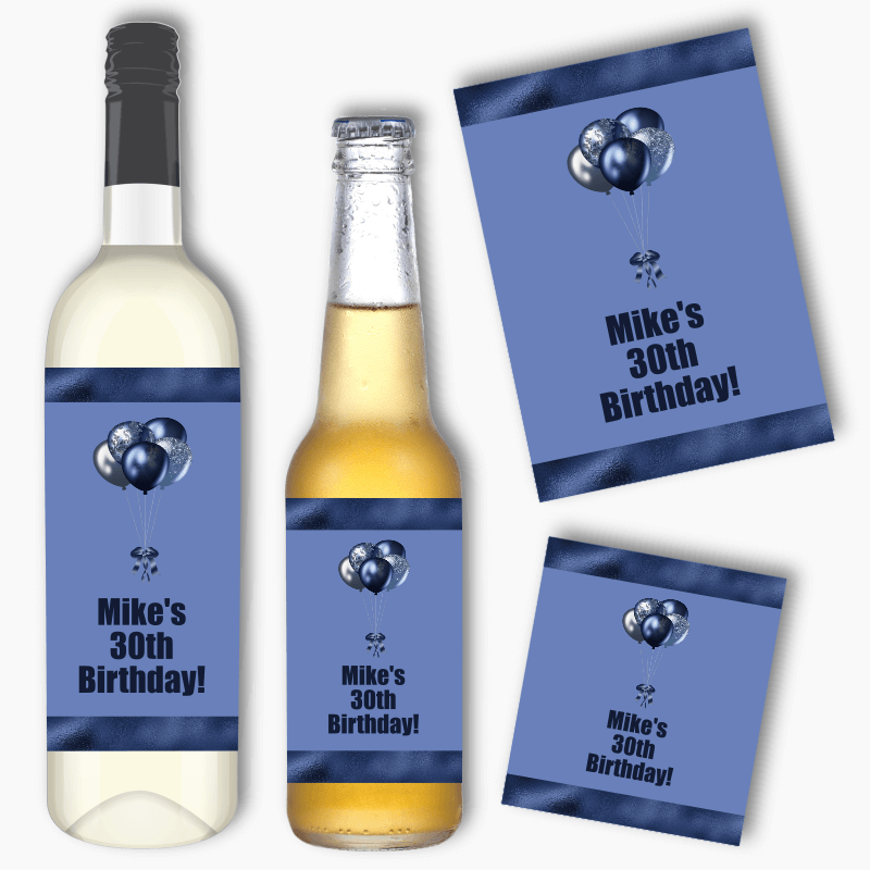 Personalised Navy Blue Balloons Wine &amp; Beer Labels