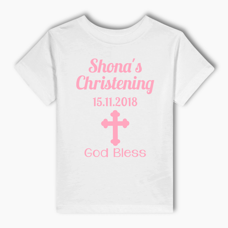 Personalised Pink Cross Christening Kids T-Shirt