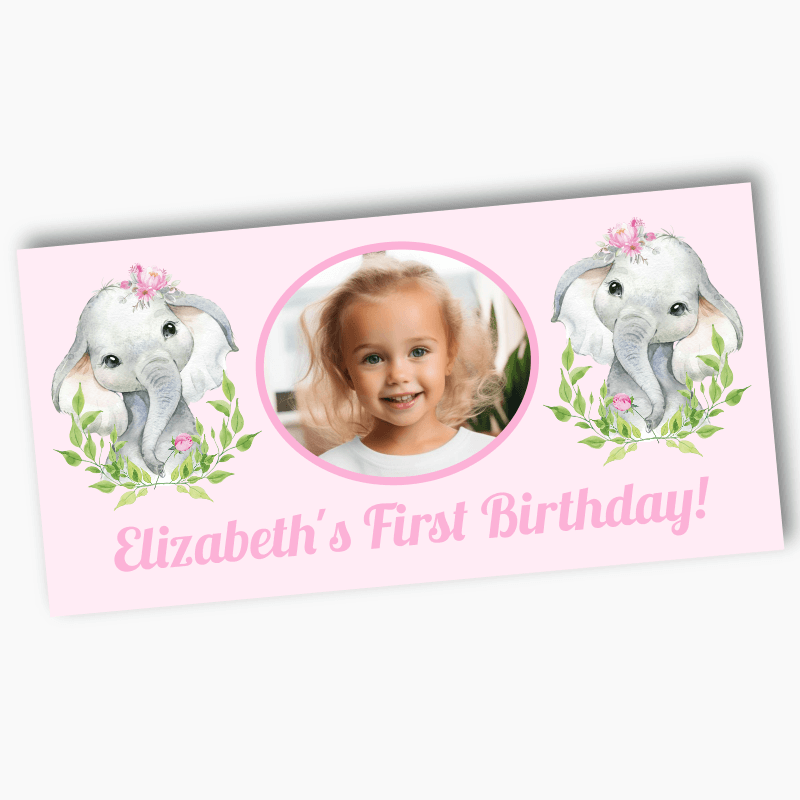 Personalised African Elephant Party Banners with Photo - Pink