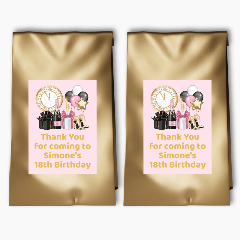 Personalised Pink, Black &amp; Gold Party Bags &amp; Labels