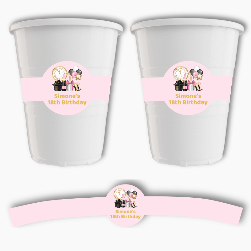 Personalised Pink, Black &amp; Gold Party Cup Stickers