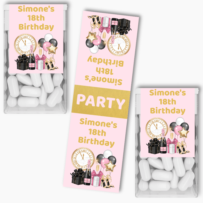 Personalised Pink, Black &amp; Gold Party Tic Tac Labels