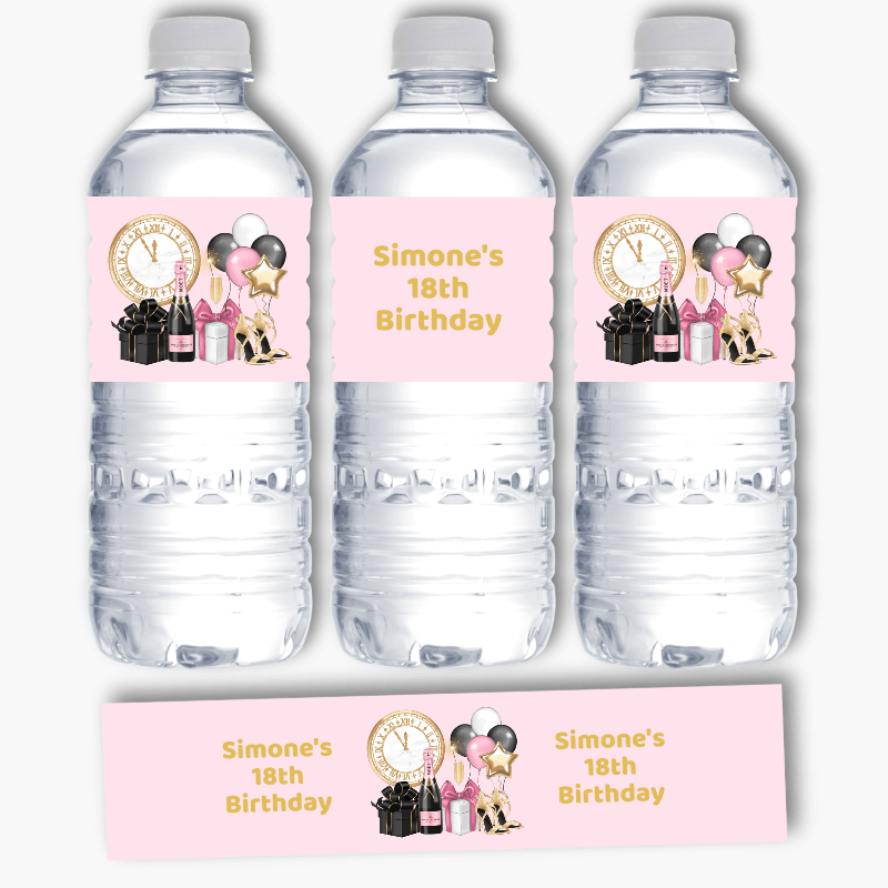 Personalised Pink, Black &amp; Gold Party Water Labels