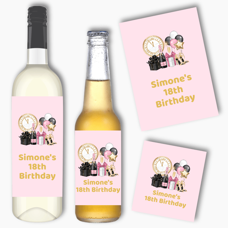 Personalised Pink, Black &amp; Gold Wine &amp; Beer Labels