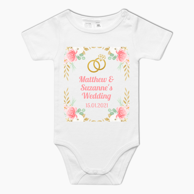 Personalised Pink &amp; Gold Floral Wedding Baby One-Piece Romper