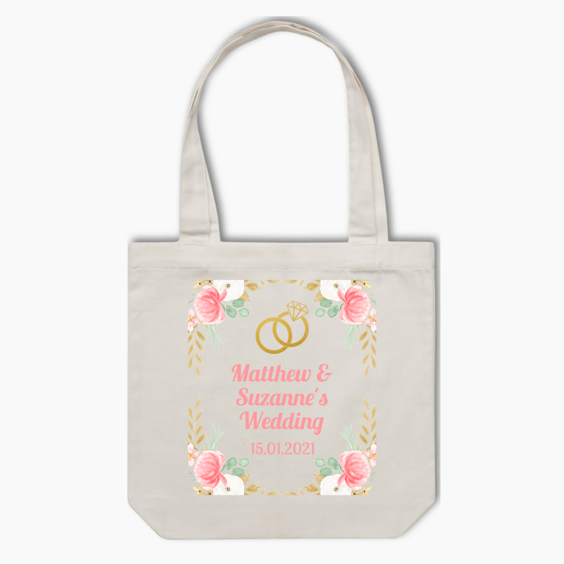 Personalised Pink &amp; Gold Floral Wedding Tote Bag