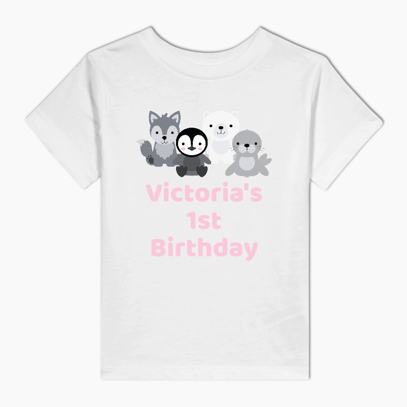 Personalised Pink Arctic Animals Party Kids T-Shirt