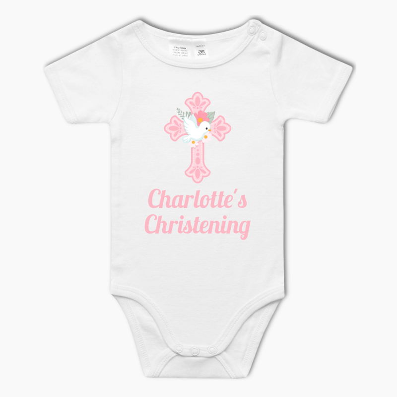 Personalised Pink &amp; White Dove Christening Baby One-Piece Romper