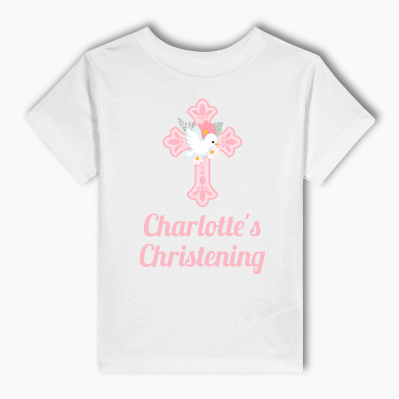 Personalised Pink & White Dove Christening Kids T-Shirt