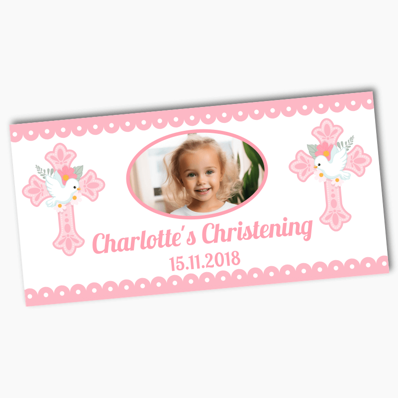 Personalised Pink &amp; White Dove Christening Banners with Photo