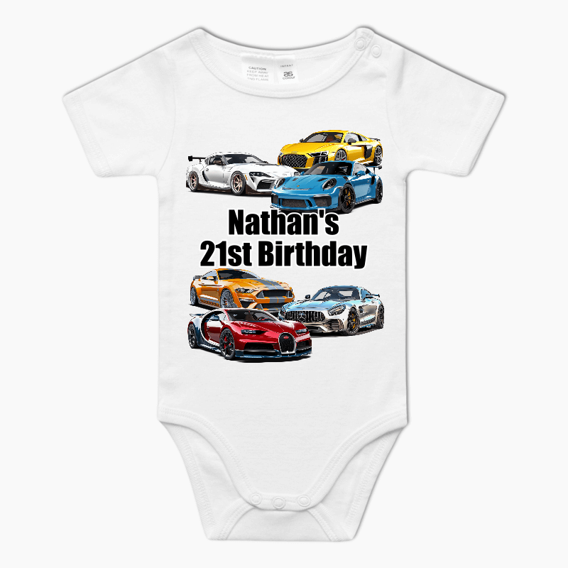 Personalised Sports Cars Party Baby One-Piece Romper