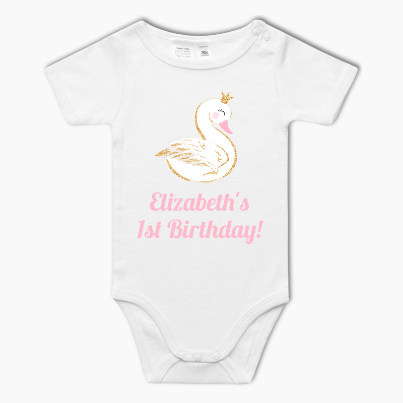 Personalised Pink &amp; Gold Swan Baby One-Piece Romper