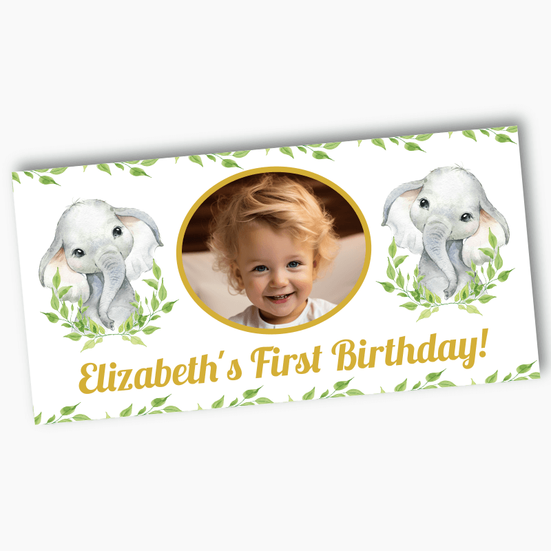 Personalised African Elephant Party Banners with Photo - White