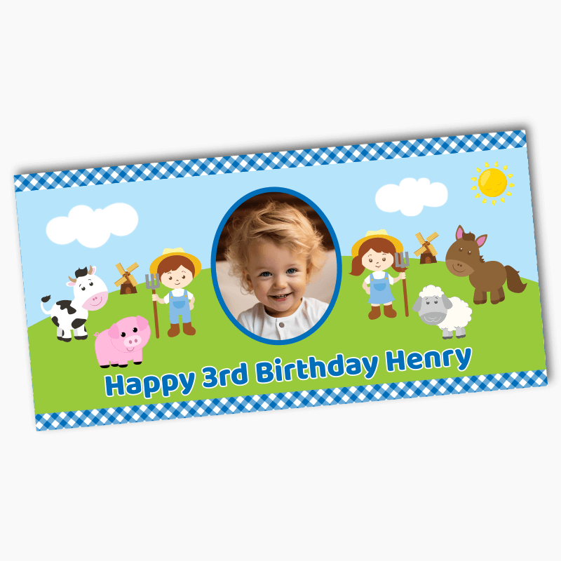 Custom Blue Barnyard Farm Animals Party Banners with Photo