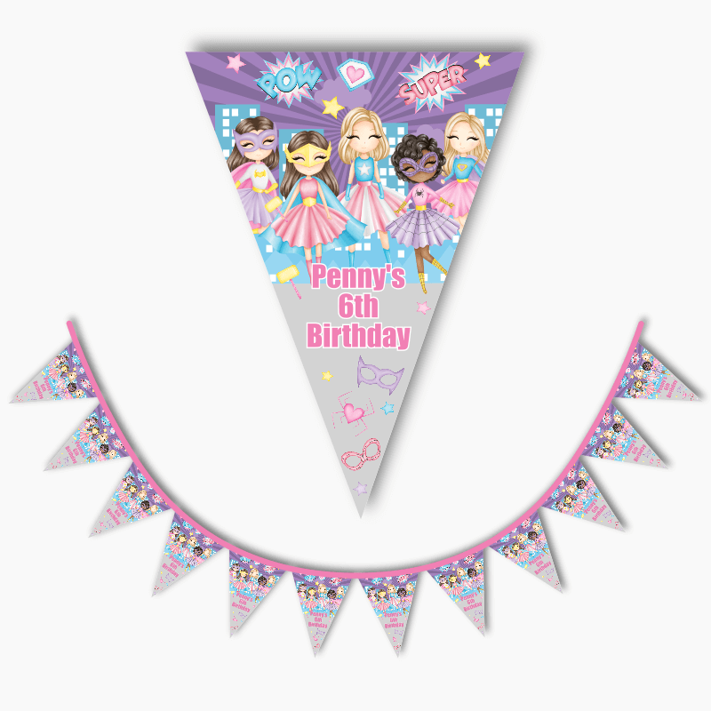 Personalised Girls Superheroes Party Flag Bunting