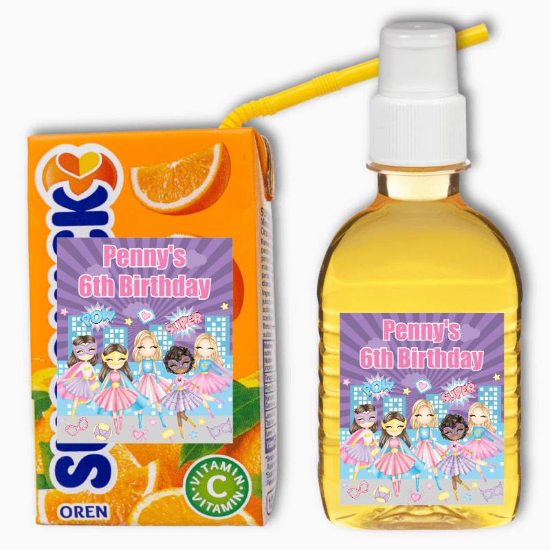 Personalised Girls Superheroes Party Rectangle Drink Labels