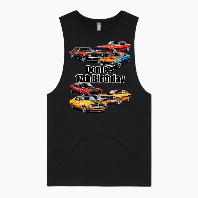 Personalised Muscle Cars Birthday Party Tank Singlet